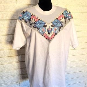 Vtg Oneita power T XLg floral v pattern womens blouse top